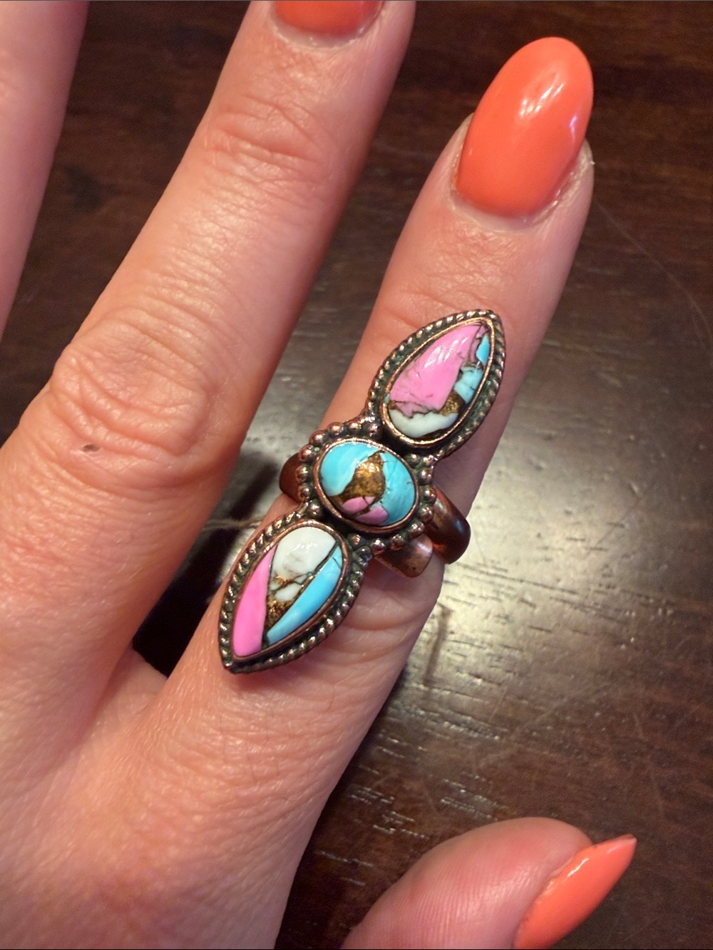 Authentic composite Cotton Candy Turquoise Pink Inlay Adjustable Statement Ring